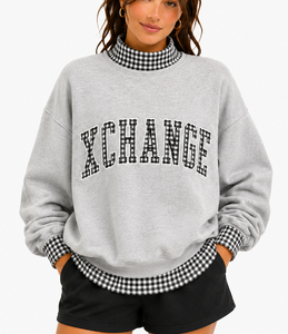 Sweat-shirt oversize à col rond pour femme XCHANGE, gris, en coton mélangé tricoté, imprimé lettres, pull décontracté, style automne - Product Image 1