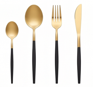 Ensemble de couverts modernes plaqués or avec poignées noires, compatibles lave-vaisselle, finition mate, vaisselle de mariage, couverts 4 pièces - Product Image 1