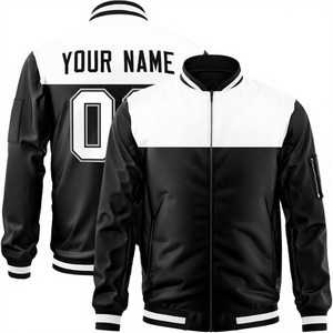 Veste de baseball homme noire et blanche avec blocs de couleur, fermeture éclair et impression personnalisée du nom et du numéro au dos, style décontracté - Product Image 2