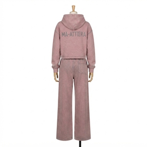 Custom Women Acid Wash <b>Pink</b> Cropped Hoodie Wide Leg Sweatpants Two Piece <b>Tracksuit</b> OEM Wholesale - Product Image 4