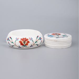 Ensemble de dessous-de-verre de luxe en marbre blanc avec incrustations florales Pietra Dura, sets de table ronds et support - Pack de gros pour la salle à manger - Product Image 2
