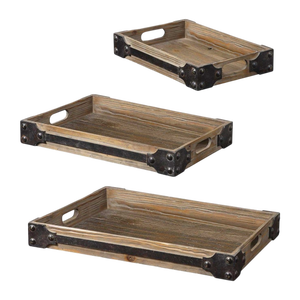 Ensemble de 3 plateaux rectangulaires en bois neufs avec métal pour la décoration intérieure, pour offrir en cadeau, pour la vaisselle, pour la décoration de cuisine - Product Image 1