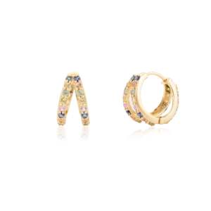 14K Rose Gold Multi Sapphire Huggie Hoop Earrings with Geometric Cuff Style - Product Image 6
