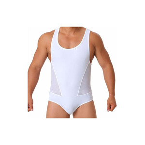 Débardeur de lutte blanc pour homme, sans manches, ajusté, respirant, avec empiècements en maille, toutes saisons, en Spandex et Polyester, taille élastique - Product Image 3