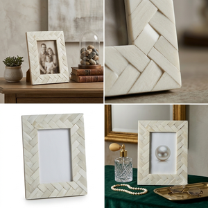 Premium Customized Rustic Modern Rectangular <b>Frame</b> Bone Inlay Design <b>Black</b> White Geometric Vertical Tabletop Display <b>Photo</b> <b>Frame</b> - Product Image 3