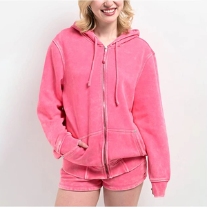 Ensemble deux pièces décontracté en coton tricoté respirant pour femme, comprenant un sweat à capuche et un short, idéal pour la gym, style délavé à l'acide - Product Image 2