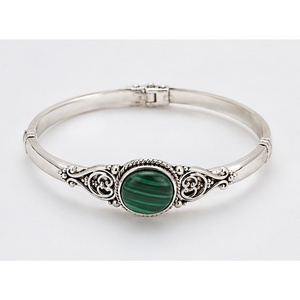 Malachite Silver Bangle <b>Bracelet</b>, 925 Sterling Silver Green Gemstone Bangle, Ornate <b>Boho</b> Jewelry, Statement <b>Bracelet</b> Gift for He - Product Image 2
