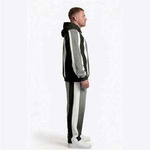 Ensemble de survêtement en molleton gris dégradé pour homme, avec logo personnalisé, sweat à capuche et pantalon de jogging, panneaux contrastants, style streetwear, deux pièces - Product Image 4