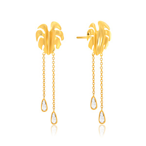 Luxury Gold Statement Drop <b>Earrings</b> with Botanical Leaf Inspired <b>Stud</b> Design Long <b>Chain</b> Dangles and Sparkling Teardrop Stone - Product Image 2