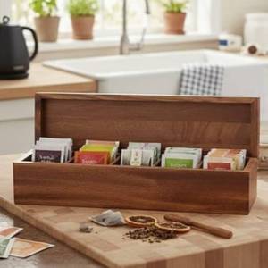 Boîte de rangement en bois détachable pour sachets de thé avec 4x8 compartiments, style campagnard, présentoir de rangement pour sachets de thé, coffre naturel - Product Image 5