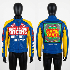 Blouson en cuir de course Grand Prix pour pilote professionnel, veste de moto à motifs graphiques vibrants, équipement de motard haute visibilité, vêtement d'extérieur pour moto - Product Image 1