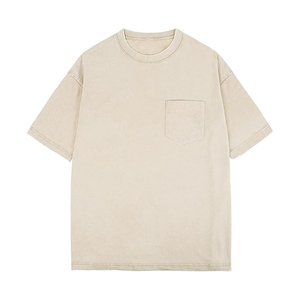 Camiseta de Manga Corta para Hombre, Cuello Redondo, Color Gris, con Bolsillo en el Pecho, Corte Regular, Algodón Lavado, Estilo Casual - Product Image 4