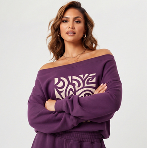 ชุดเซ็ตแทรคสูทผ้าฝ้ายพิมพ์ลายทรงหลวมสำหรับผู้หญิง แบบเปิดไหล่ แขนยาว ผ้าฟลีซ 100% สวมใส่สบายสำหรับฤดูหนาว กางเกงขายาวทรงหลวม - Product Image 4