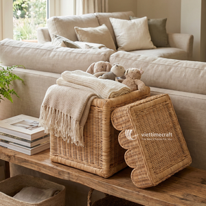 Handwoven Rattan <b>Storage</b> Basket with Scalloped Lid Woven Organizer <b>Bin</b> for Home Bedroom Nursery - Product Image 6