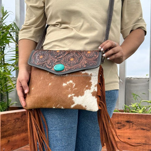 Sunflower Hand Tooled Leather Fringe Cowhide Crossbody <b>Bags</b> <b>for</b> <b>Women's</b> Western Hair on & Genuine Leather Turquoise Stone Purse - Product Image 2