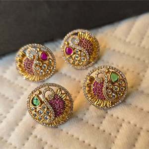 18K Gold Plated Peacock Round Stud Earrings with Diamond Accent - Product Image 1