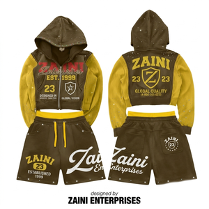 Conjunto de Sudadera con Capucha y Pantalones Cortos de Forro Polar de Poliéster/Algodón de 340 GSM, Color Negro, con Cierre, Logotipo Personalizado en Relieve, Ropa Urbana para Hombre, Transpirable para Invierno - Product Image 1