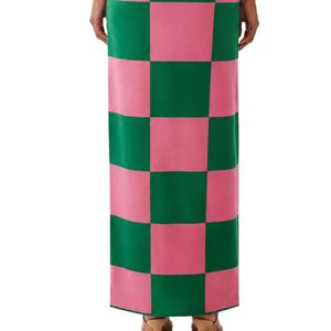 Jupe en tricot à carreaux rose et vert pour femme, longue, décontractée, tendance, en tissu extensible doux, élégante pour le quotidien - Product Image 5