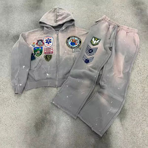 Nouvel ensemble de survêtement décontracté pour homme en molleton technique imprimé délavé à l'acide, avec capuche et poches, veste et pantalon de jogging deux pièces pour l'hiver - Product Image 5