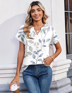 Women V-Neck Short Sleeve Floral Print T-Shirt Loose Fit Casual Summer Top White Blue Leaves <b>Pattern</b> <b>Knitted</b> Cotton - Product Image 5