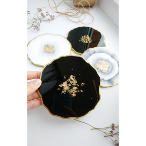 Handmade Agate Style <b>Epoxy</b> <b>Resin</b> Coaster Set With Gold Leaf Edging Luxury Two-Tone Ruby Red and Pearl White Decorative Tableware - Product Image 2