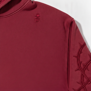 Sweat-shirt à capuche rouge surdimensionné avec motif épine brodé sur les manches, en molleton bouclette décontracté, idéal pour l'automne - Product Image 6
