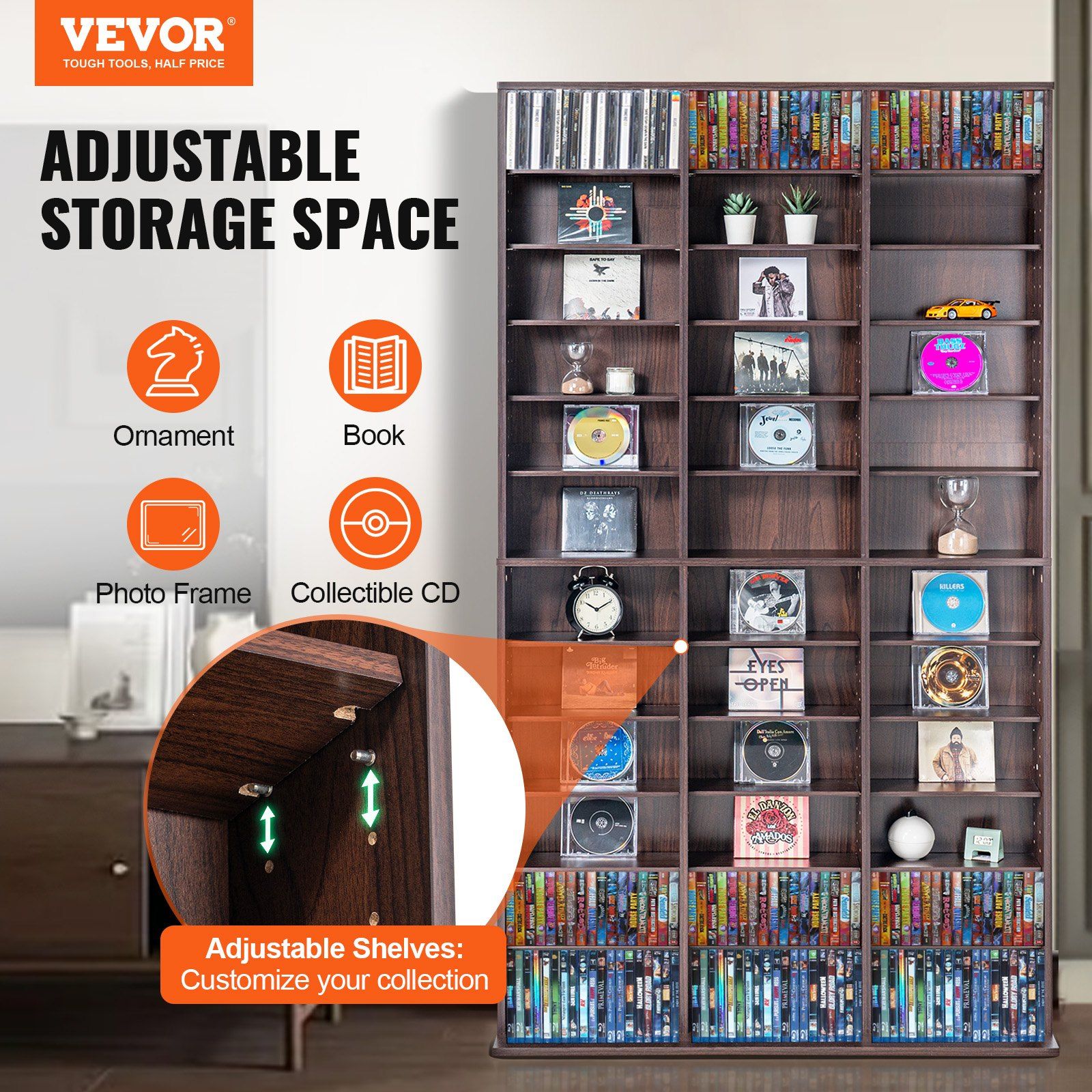 Adjustable Espresso 36-Compartment Media Storage Cabinet DVD CD