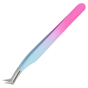 Pince à cils OEM à double ton dégradé rose-bleu, kit de 4 pièces, en acier inoxydable, à pointe incurvée pour extensions de cils - Product Image 4