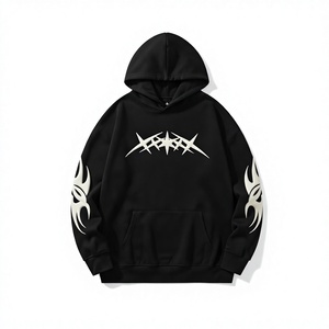 Sudadera con Capucha Negra para Hombre, Estilo Urbano Holgado con Estampado Tribal Blanco en la Parte Delantera y de las Mangas, 100% Algodón - Product Image 1
