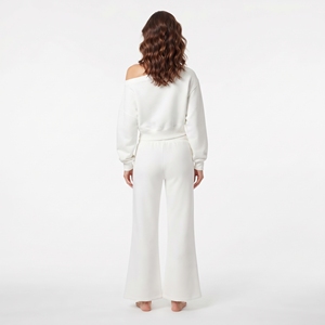 High Quality <b>Women's</b> <b>White</b> Two Piece Set Crop Top Full Sleeves Hoodie And Wide Leg <b>Jogger</b> Custom Embroidered Logo - Product Image 3
