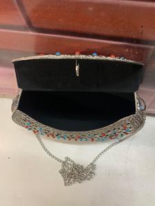 Women's Bohemian Metal Half Moon Handbag With Flower Embellishments Chain Strap Wedding Party <b>Clutch</b> Flap Closure - Product Image 3