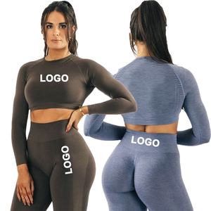 Conjuntos Deportivos de 3 Piezas para Mujer al por Mayor, Leggings de Gimnasio, Top Corto de Manga Larga sin Costuras, Traje de Yoga, Ropa Deportiva - Product Image 1