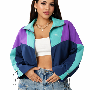 Chaqueta cortavientos retro de nailon con bloques de color para mujer, al por mayor, con cremallera frontal personalizada, ropa exterior informal de moda, proveedor B2B de chaquetas para hombre - Product Image 1