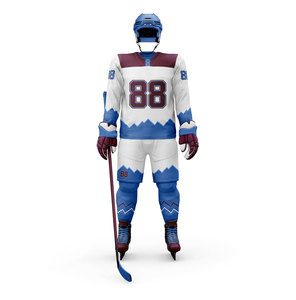 Men Sublimated Ice Hockey Jersey Set White Blue <b>Maroon</b> Full Sleeve Number 88 Moisture Wicking Athletic Fit Winter Sport Apparel - Product Image 1