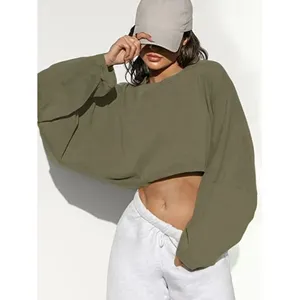 Top Corto de Mujer, Color Verde Oliva, Talla Grande, Manga Regular, Cuello Redondo, Tejido de Punto, Logotipo Estampado en la Parte Delantera, Ropa Casual de Invierno y Otoño - Product Image 5