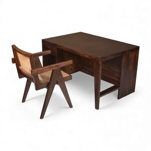 Juego de Muebles de Oficina Estilo Pierre Jeanneret al por Mayor, Escritorio de Madera Maciza con Superficie de Cuero Verde y Silla de Oficina de Ratán con Patas en V - Product Image 2
