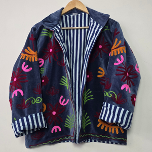 Morvi-Fab 2026 #64 Latest <b>Women</b>’s <b>Velvet</b> <b>Jacket</b> – Colorful Floral Embroidered Design with Striped Cuffs - Product Image 3