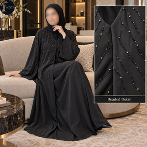 Abaya noire rayonnante avec embellissement perlé ondulé et ouverture frontale |   Robe musulmane modeste longue avec manches longues et fluides - Product Image 3