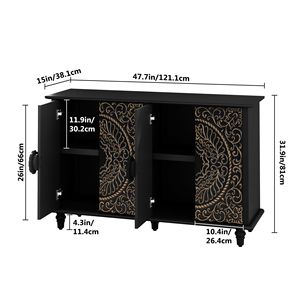 Buffet en bois sculpté vintage de 48 pouces avec 4 portes, grand espace de rangement, armoire décorative pour salon - Product Image 3