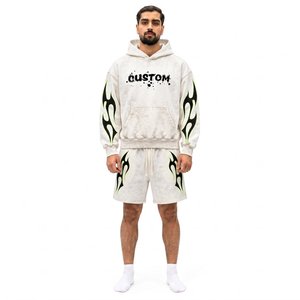 Ensemble de survêtement blanc à capuche pour homme avec imprimé flamme noir et vert, manches longues, short et sweat-shirt streetwear, tenue d'été - Product Image 1