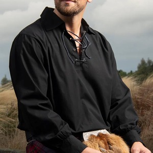 <b>Men's</b> Black Long Sleeve Casual <b>Shirt</b> With <b>Lace</b> <b>Up</b> Front Turn Down Collar Solid Color Woven Fabric Autumn Wear - Product Image 5