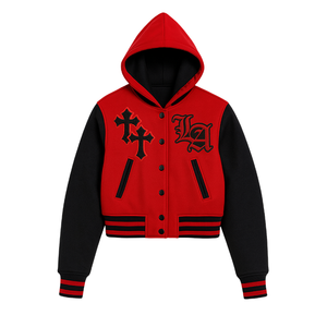 เสื้อแจ็คเก็ตฮู้ดดี้ทรงครอปสีแดงและดำสำหรับผู้หญิง ติดกระดุมแป๊กด้านหน้า ปักลายแบบกำหนดเอง สไตล์สตรีทแวร์ - Product Image 1