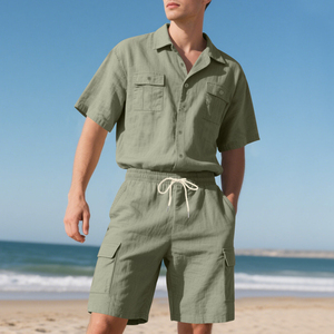 Ensemble chemise décontractée en coton gris pour homme, manches courtes, boutonnée, avec short cargo, tenue d'été respirante en tissu tissé - Product Image 5