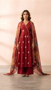 Vestido Anarkali Rojo Bordado para Mujer, Cuello en V, Corte en A, Formal, Diario, Informal, con Chal Floral, Cintura Natural, Absorbe la Humedad - Product Image 2