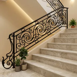 Barandilla de Escalera de Hierro Forjado Negro con Adornos Decorativos Dorados para Hogar, Villa, Balcón y Seguridad Interior - Product Image 1
