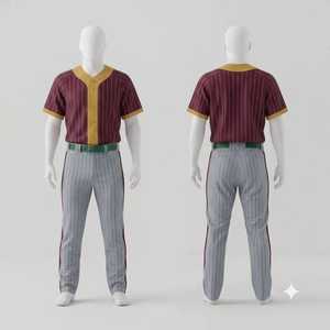 Uniforme de Béisbol Personalizado para Hombre, Jersey a Rayas Marrones con Ribete Dorado, Pantalones a Rayas Grises, Cinturón Verde, Conjunto de Ropa Deportiva para Equipo - Product Image 1