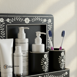 Organizador de baño floral negro, estante de pared decorativo de madera, juego de almacenamiento para baño con soporte para cepillos de dientes - Product Image 2