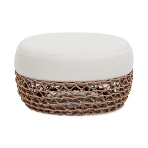 Pouf da giardino rotondo Willow da 25 pollici con struttura in vimini marrone dorato e rivestimento in tessuto beige grano - Product Image 4