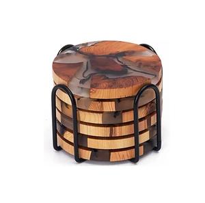 Sous-verre rond en bois massif brun, très vendu, avec support en métal noir, sous-verre décoratif pour le service du thé - Product Image 1