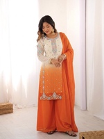 Ensemble Kurti ethnique d'Asie du Sud en faux georgette lourd avec broderie de sequins, pantalon doublé et dupatta assorti pour femme HI 1712